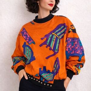 Vintage Hand Painted Silk Shirt Abstract Art Orange Silk Scapes